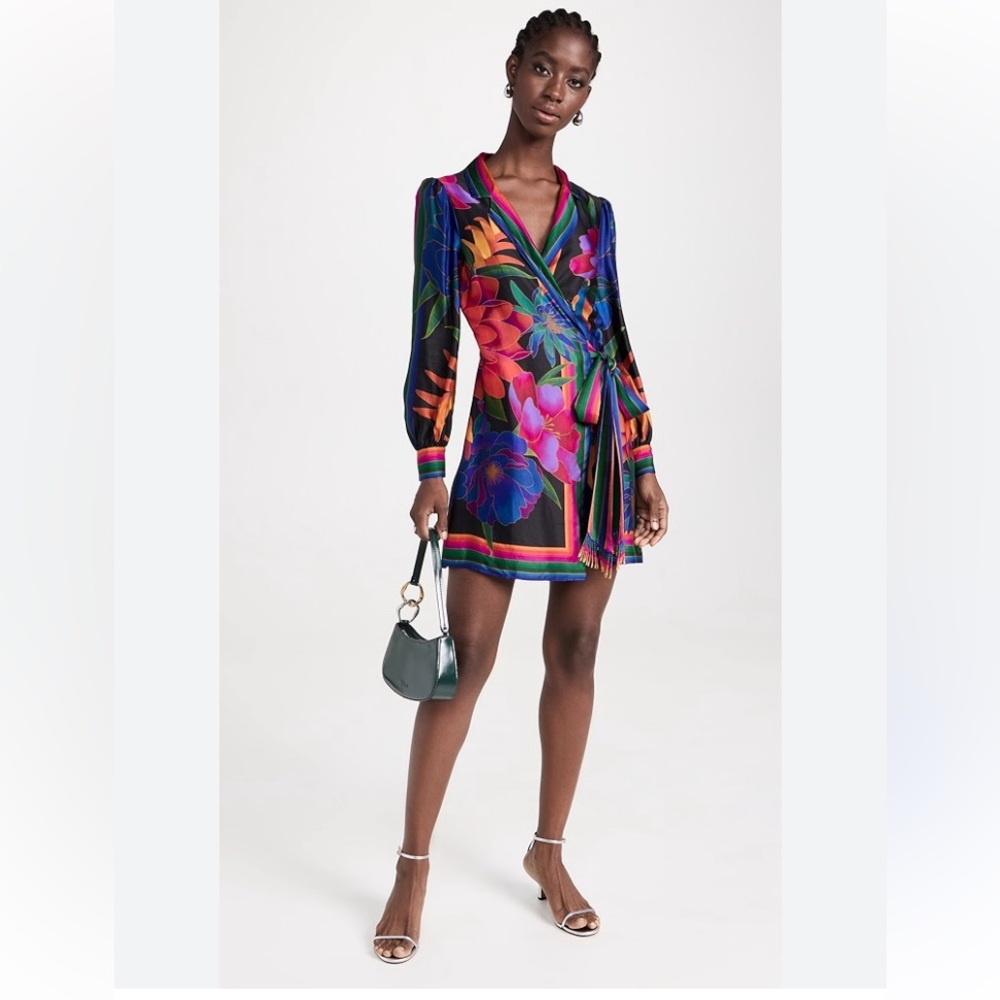 FARM Rio Multicolor Flower Season Black Scarf Black Wrap Mini Dress Size M NEW
